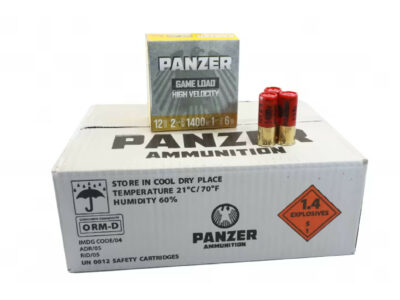 Panzer Game Load 12 Gauge, 2 3/4", 6 Shot, 1 1/4 oz, 1400 FPS, High Velocity Shotgun Shell - 250 Round Case